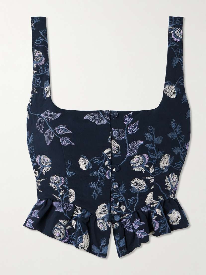 Agua by Agua Bendita Eslabon Sueño Ruffled Embroidered Twill Bustier Top