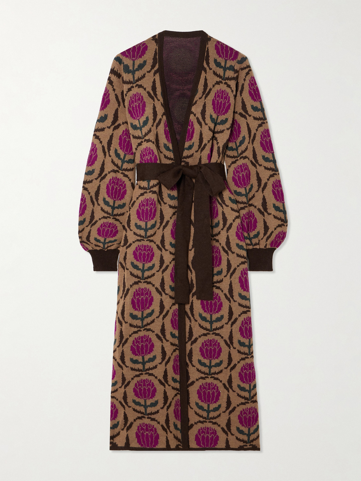 Agua By Agua Bendita + Escvdo Wayna Belted Floral-jacquard Alpaca Cardigan In Brown
