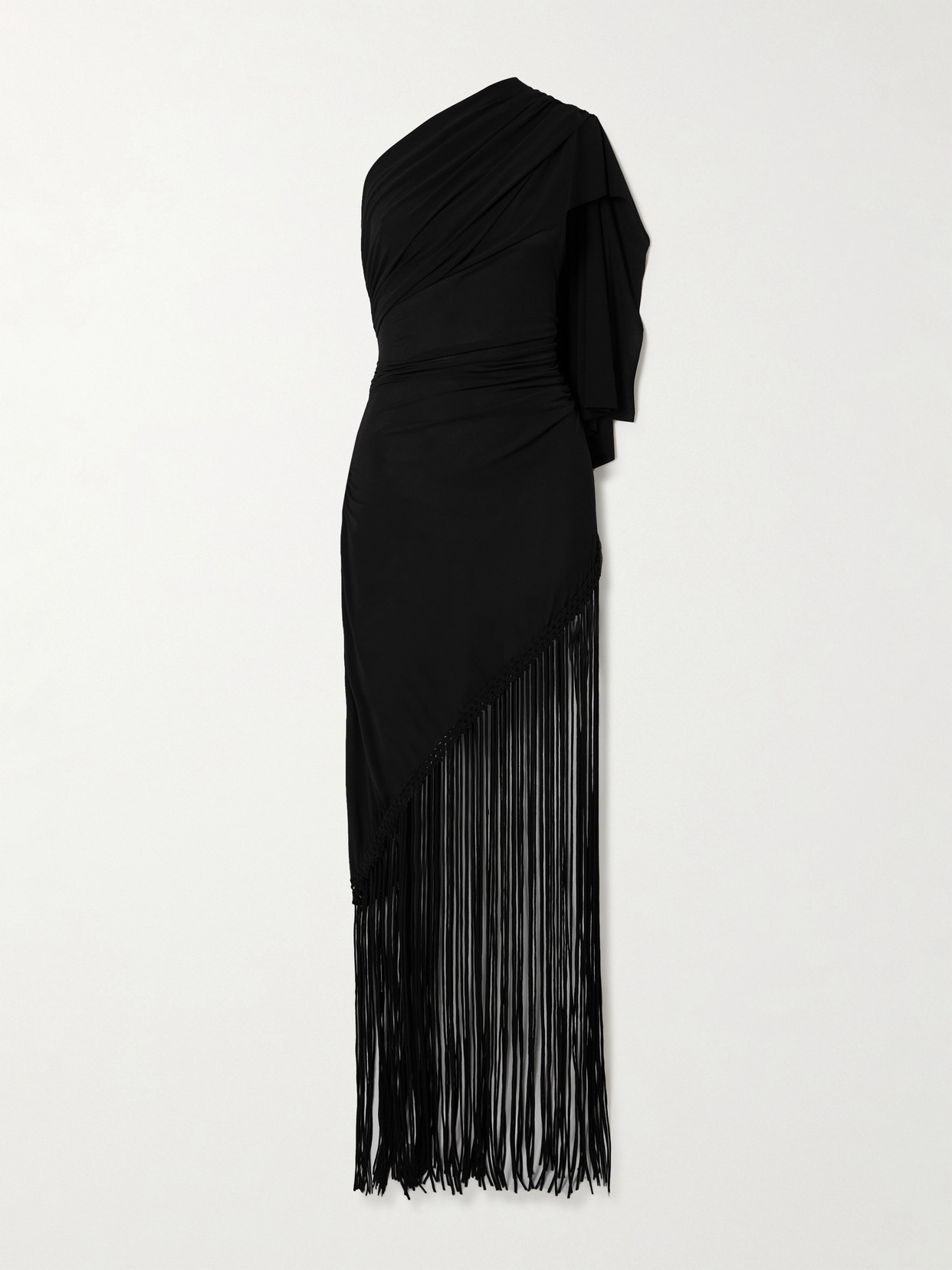 Faithfull Bijou One-shoulder Fringed Draped Stretch Recycled-crepe Dress In Black