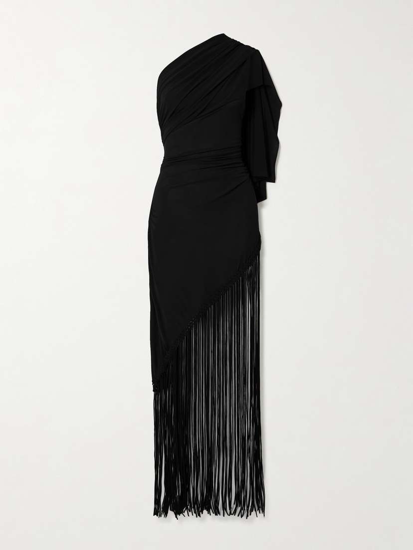 Faithfull Bijou One-shoulder Fringed Draped Stretch Recycled-crepe Dress