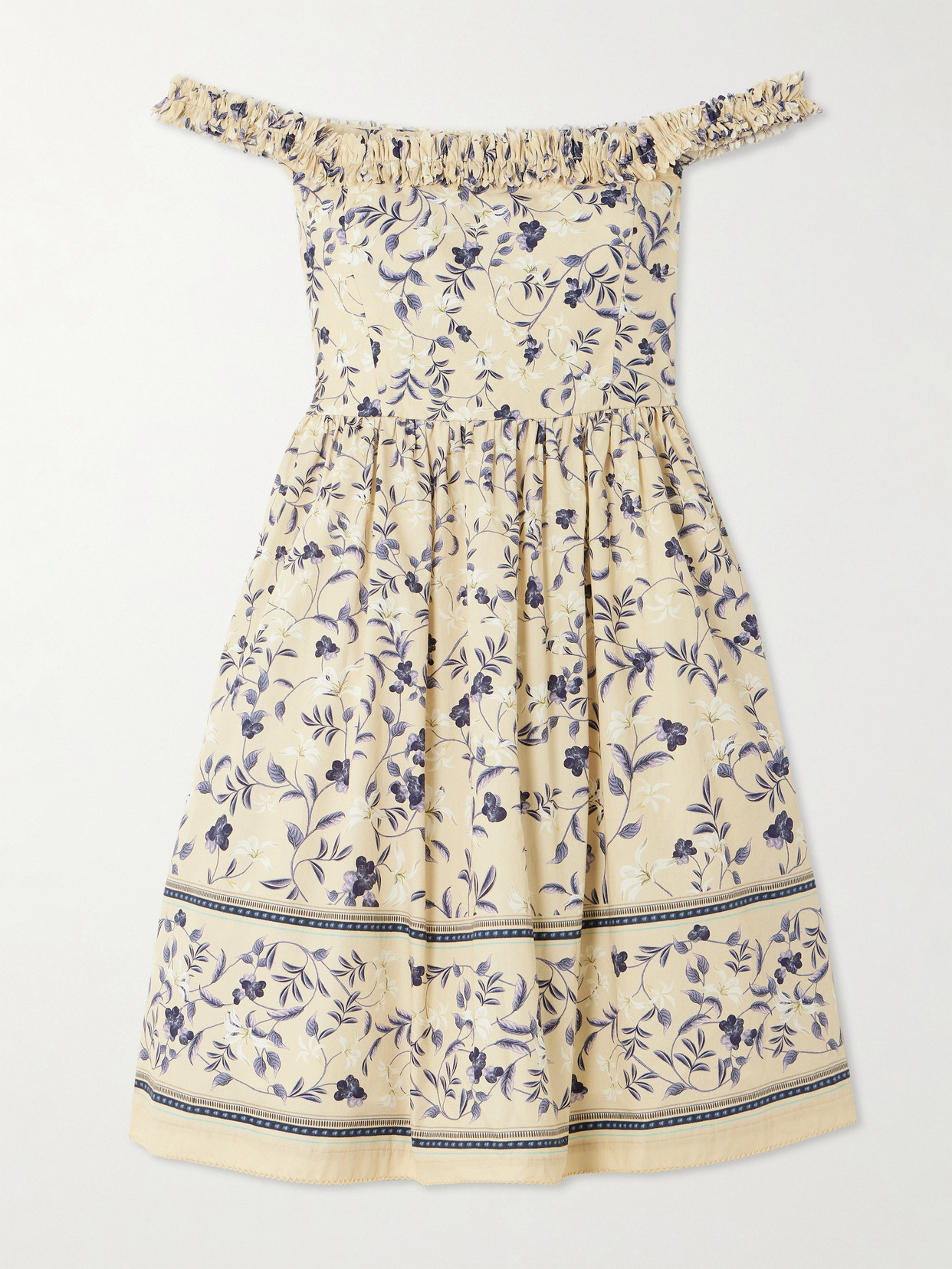 Agua By Agua Bendita Achiote Café Off-the-shoulder Ruffled Floral-print Cotton-poplin Mini Dress In Cream