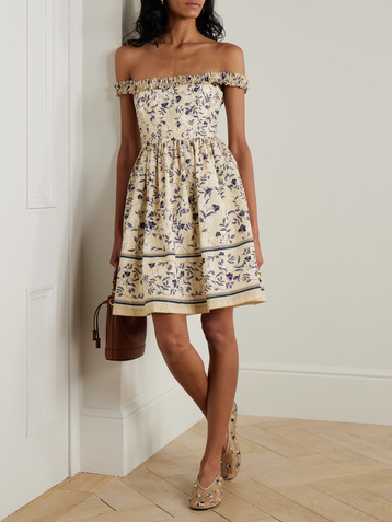 Agua by Agua Bendita Achiote Café off-the-shoulder ruffled floral-print cotton-poplin mini dress