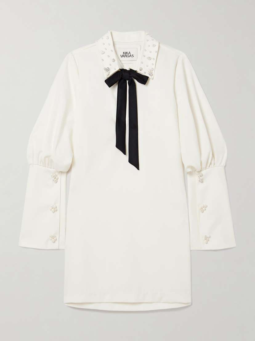 Kika Vargas Malala Tie-detailed Faux Pearl-embellished Crepe Mini Dress