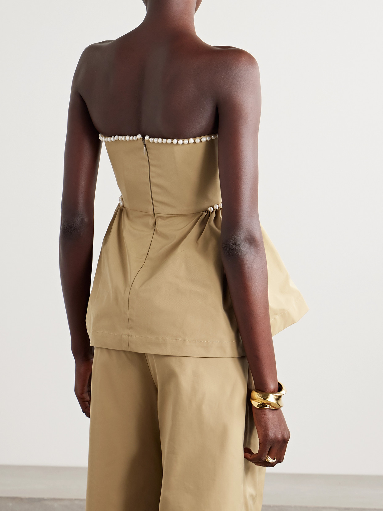 Hebe Strapless Faux Pearl-Embellished Woven Top