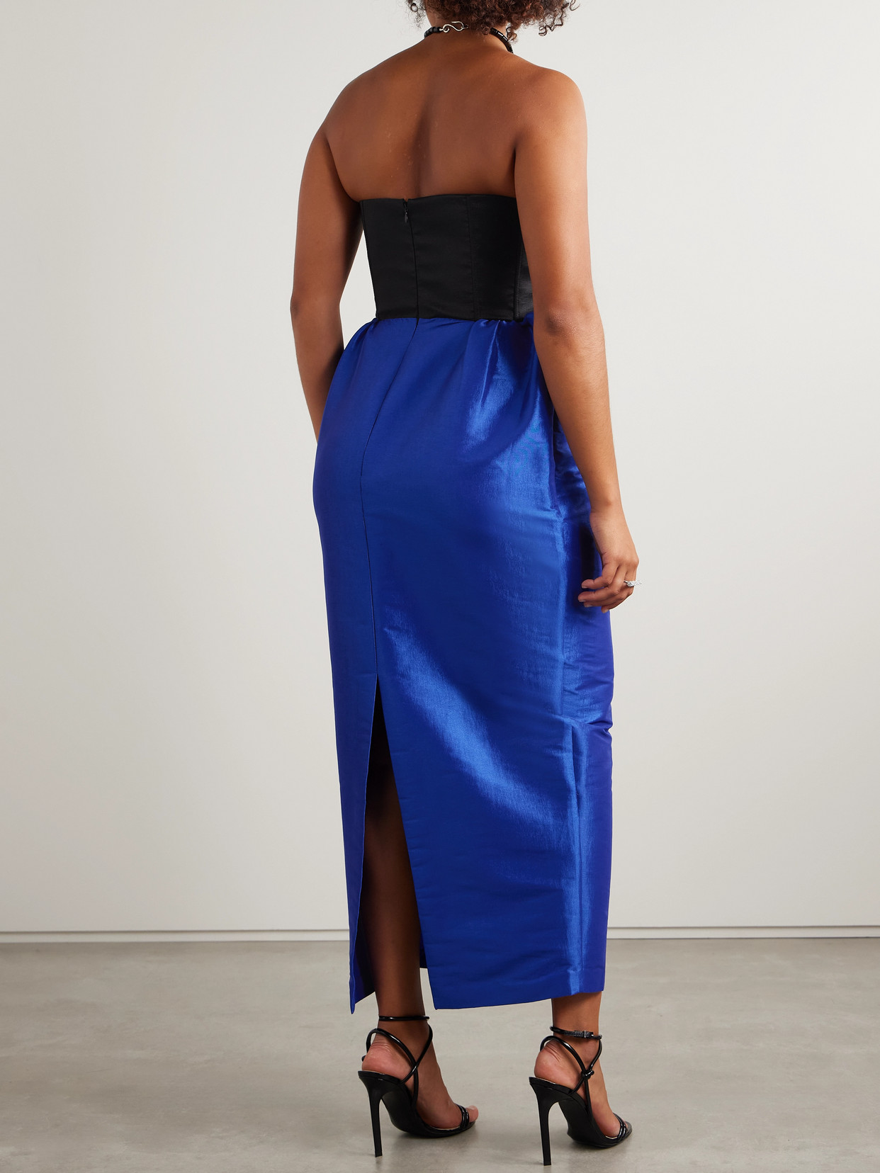 Kika Vargas Halima Strapless Two-tone Taffeta Midi Dress In Blue