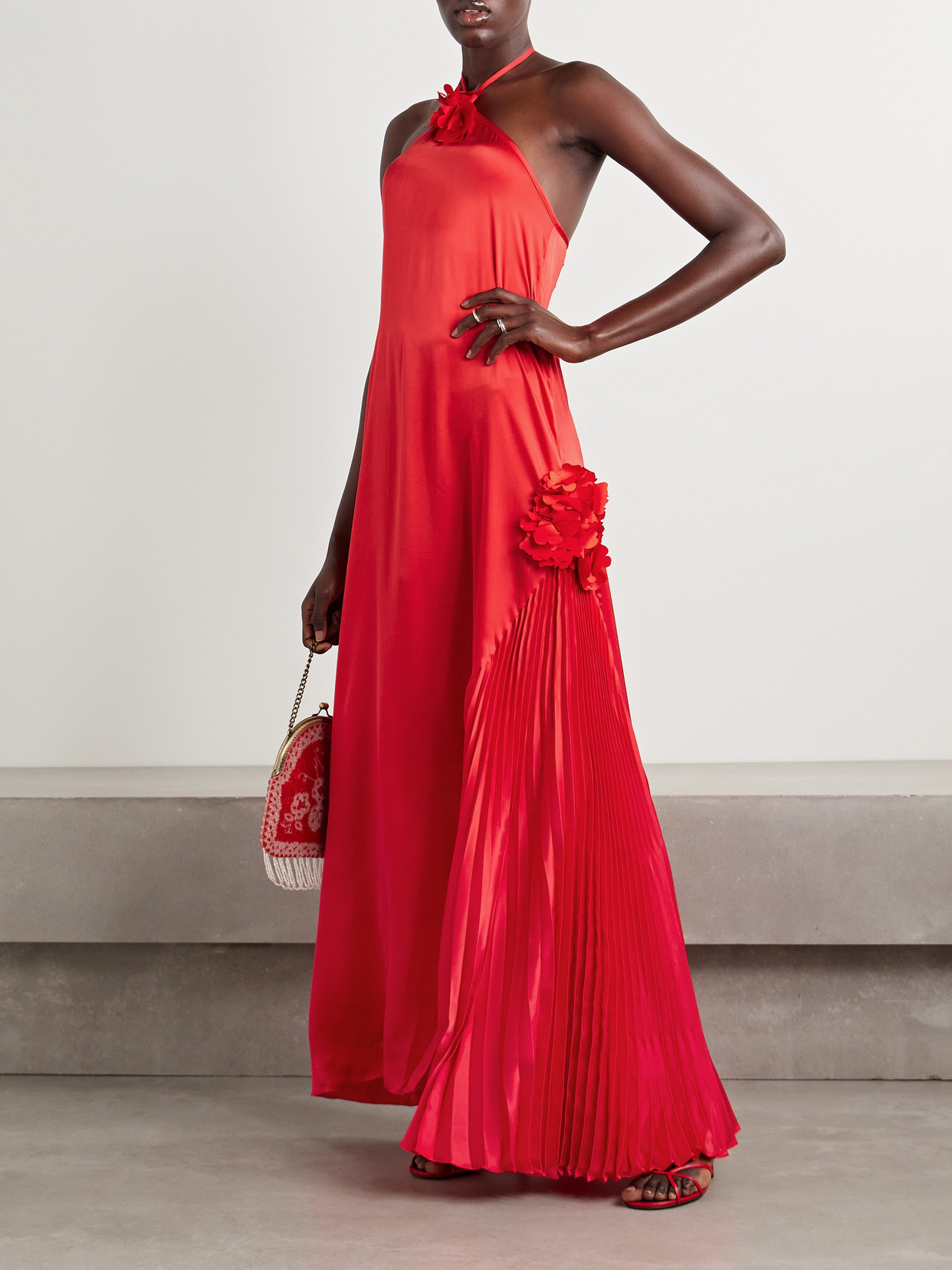 Kika Vargas Marsha Embellished Plissé-silk Maxi Dress In Red