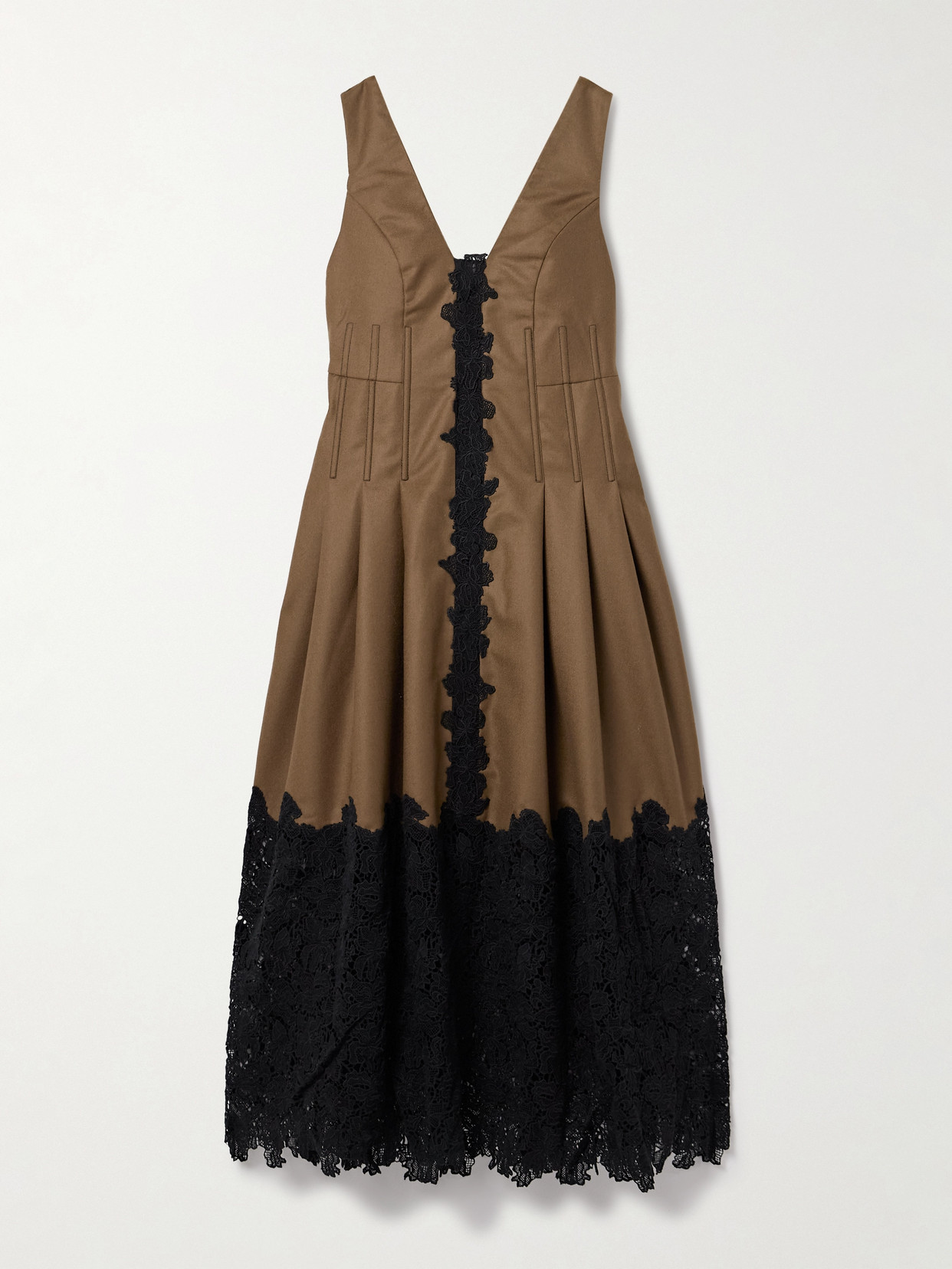 Kika Vargas Rosa Guipure Lace-trimmed Pleated Wool-twill Midi Dress In Brown
