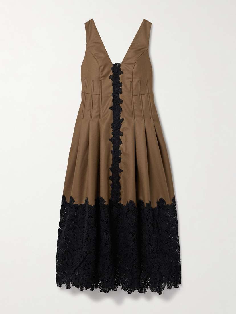 Kika Vargas Rosa Guipure Lace-trimmed Pleated Wool-twill Midi Dress
