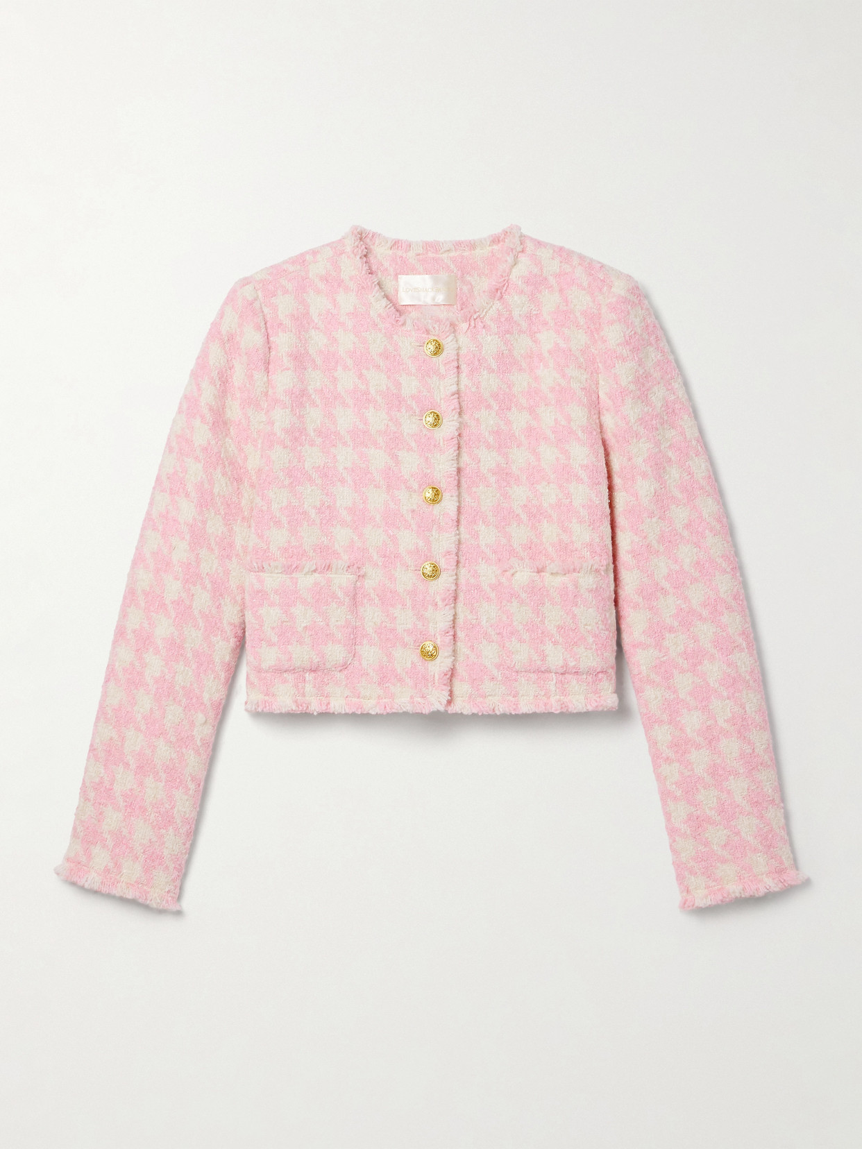 LoveShackFancy - Antoine Frayed Metallic Houndstooth Tweed Jacket - Pink