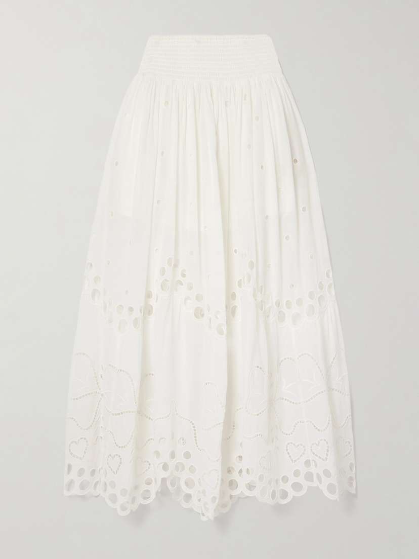 LoveShackFancy Cassaro Shirred Broderie Anglaise Cotton-voile Maxi Skirt