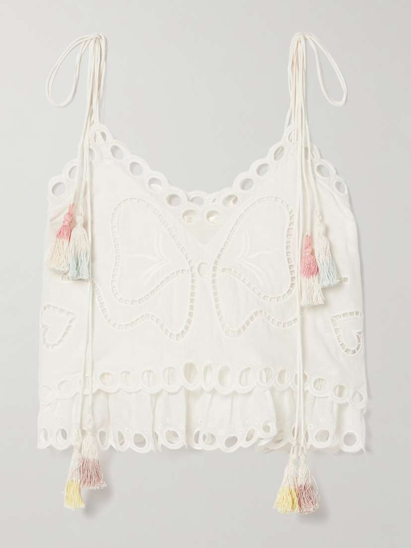 LoveShackFancy Biltmore Cropped Tasseled Broderie Anglaise Cotton-voile Camisole