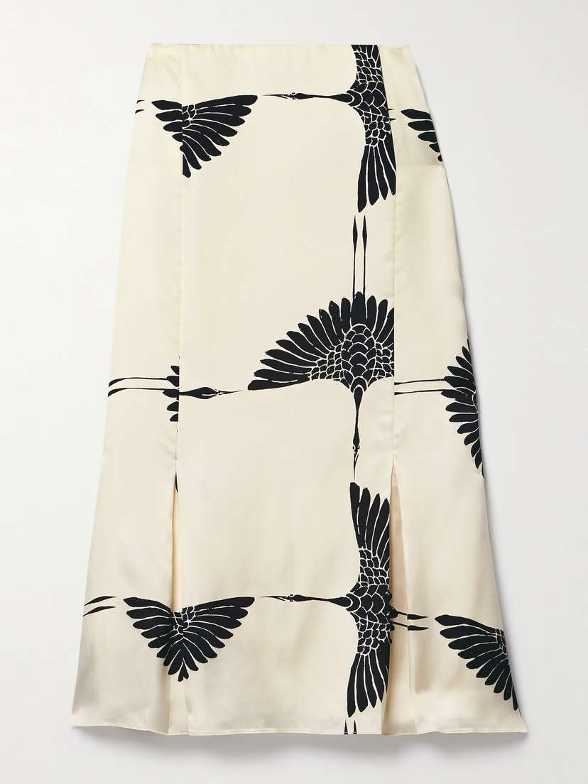 Khaite Levy Pleated Printed Satin Midi Skirt