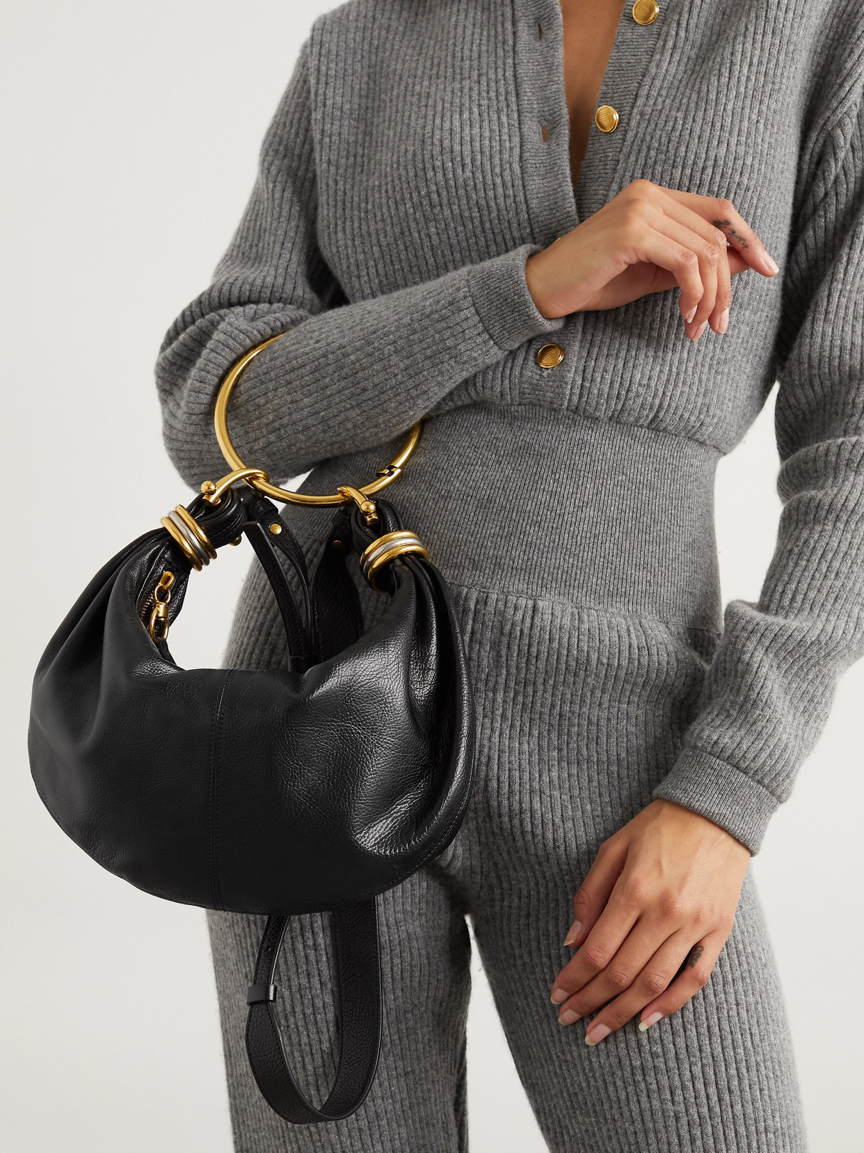 Chloé Bracelet Embellished Glossed Textured-leather Shoulder Bag In Black