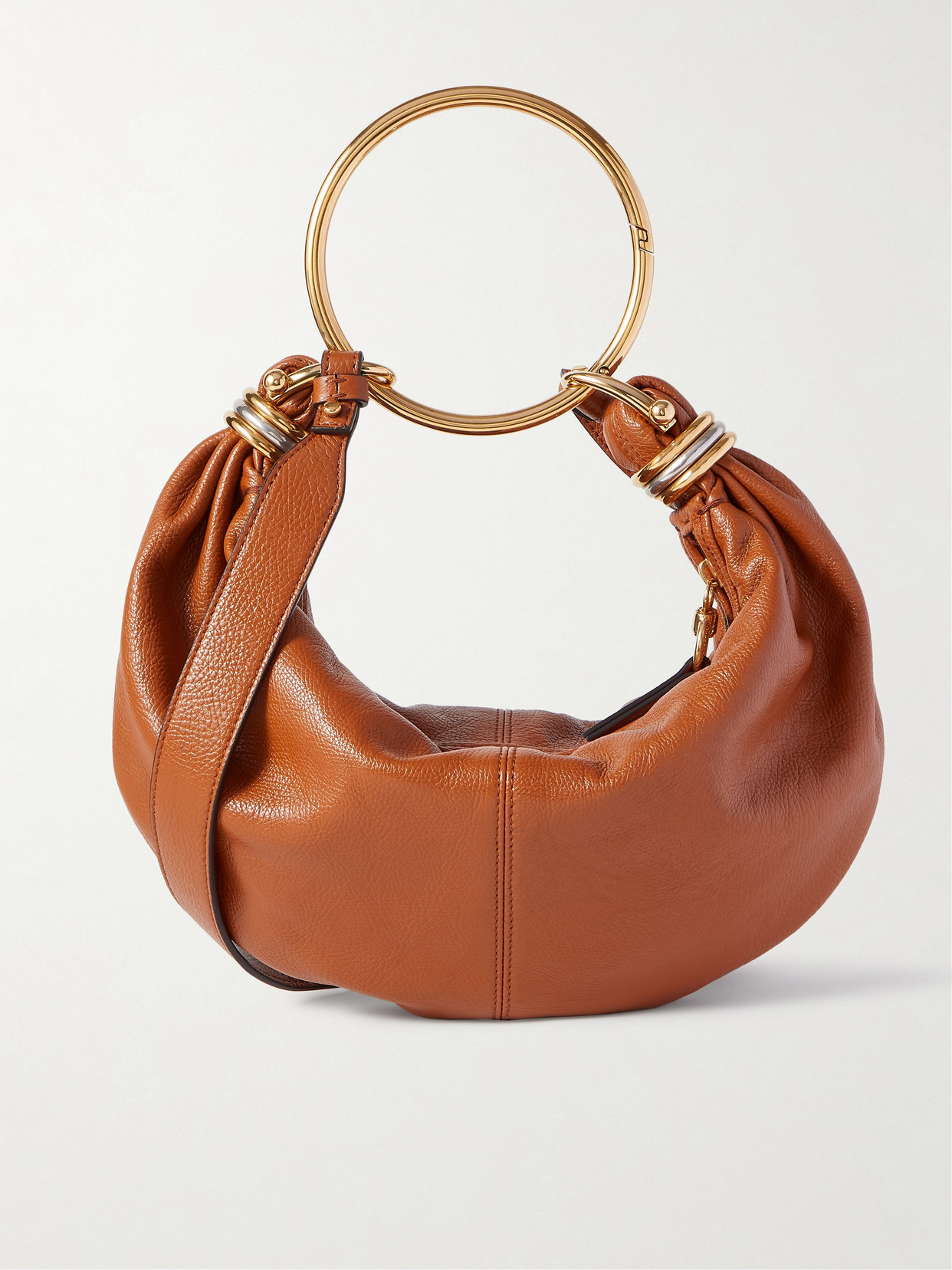 Chloé Bracelet Embellished Glossed Textured-leather Shoulder Bag In Brown