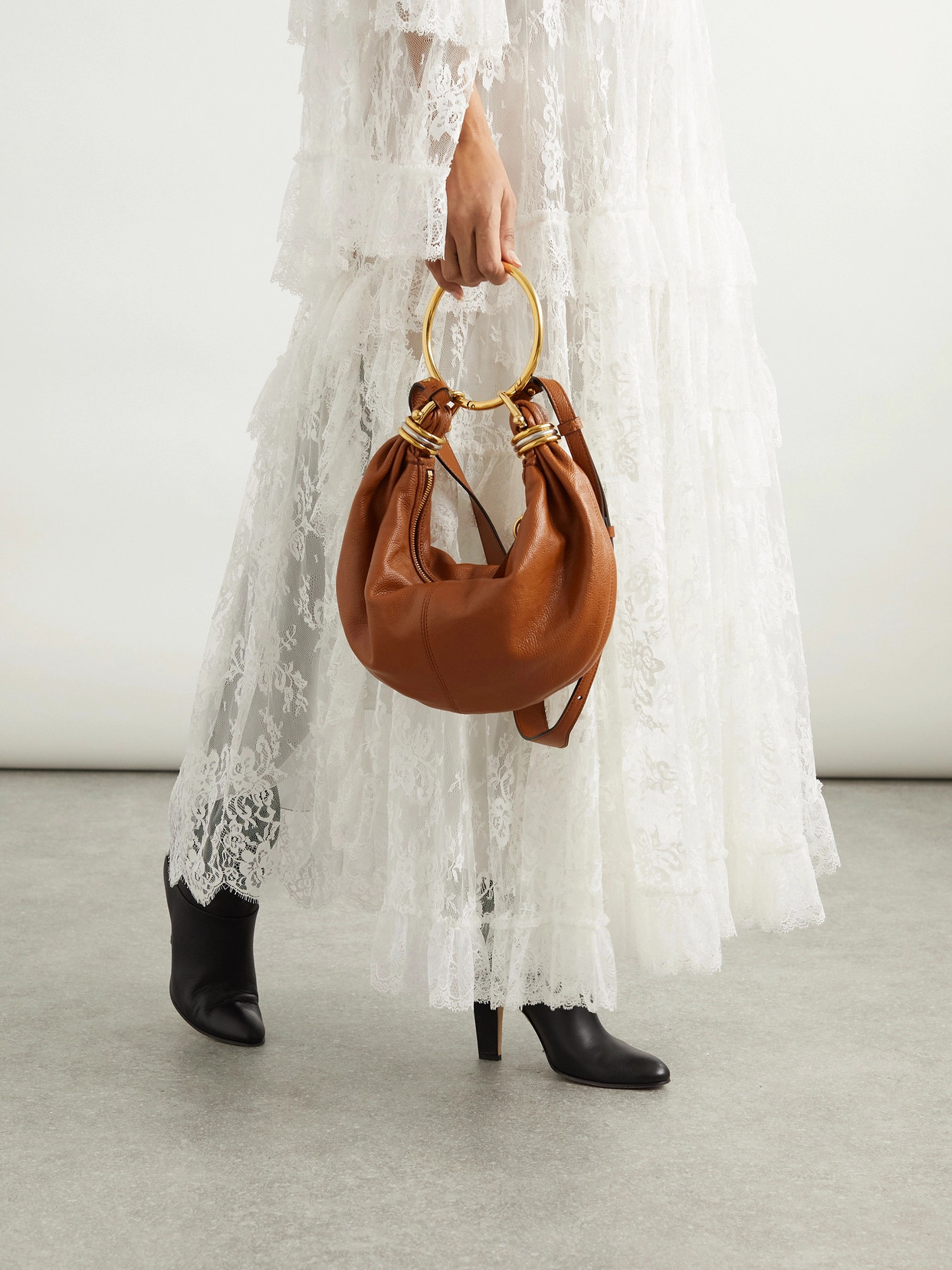 Chloé Bracelet Embellished Glossed Textured-leather Shoulder Bag In Brown