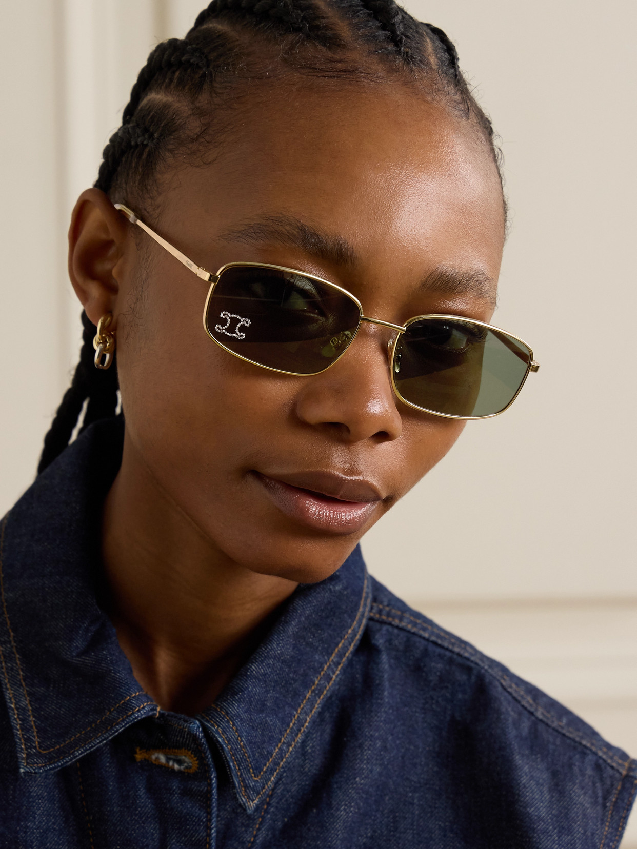 Celine Triomphe Crystal-embellished Square-frame Gold-tone Sunglasses In Gold