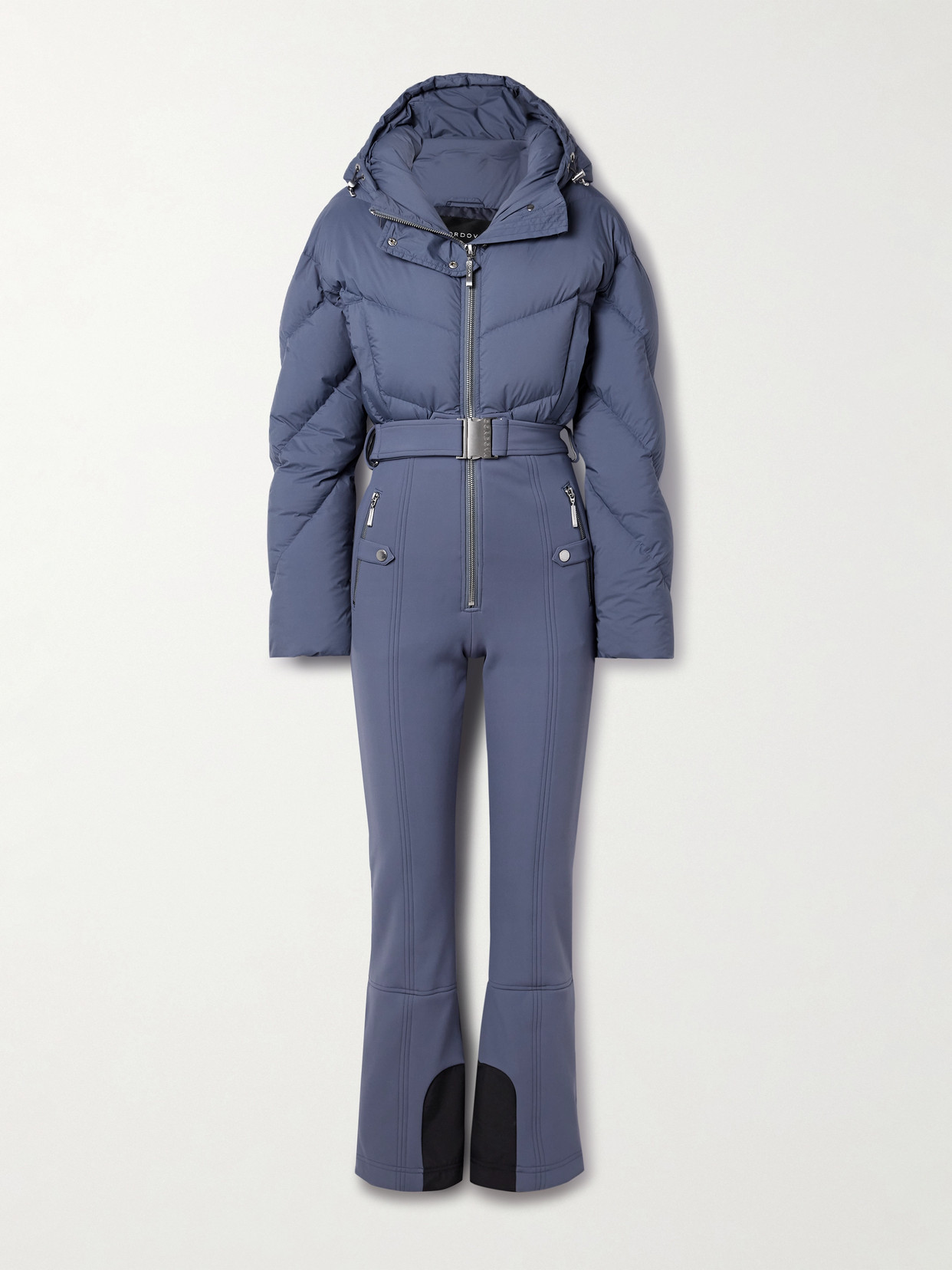 Cordova Ajax Belted Hooded Quilted Down Ski Suit In Blue