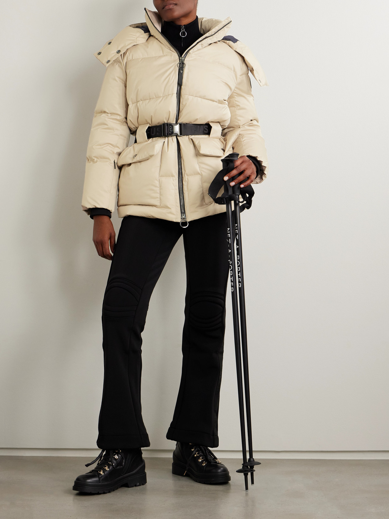 Fusalp Oria Belted Hooded Quilted Down Ski Jacket In Neutrals