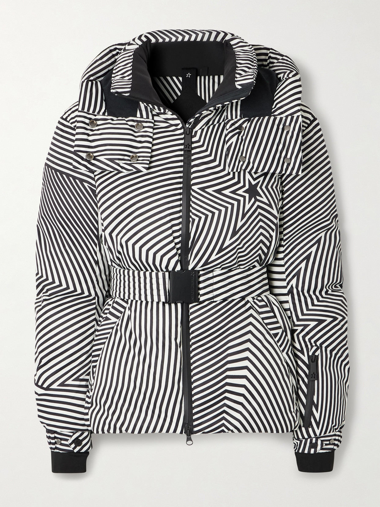 Perfect Moment Candice Hooded Belted Printed Down Ski Jacket In Black