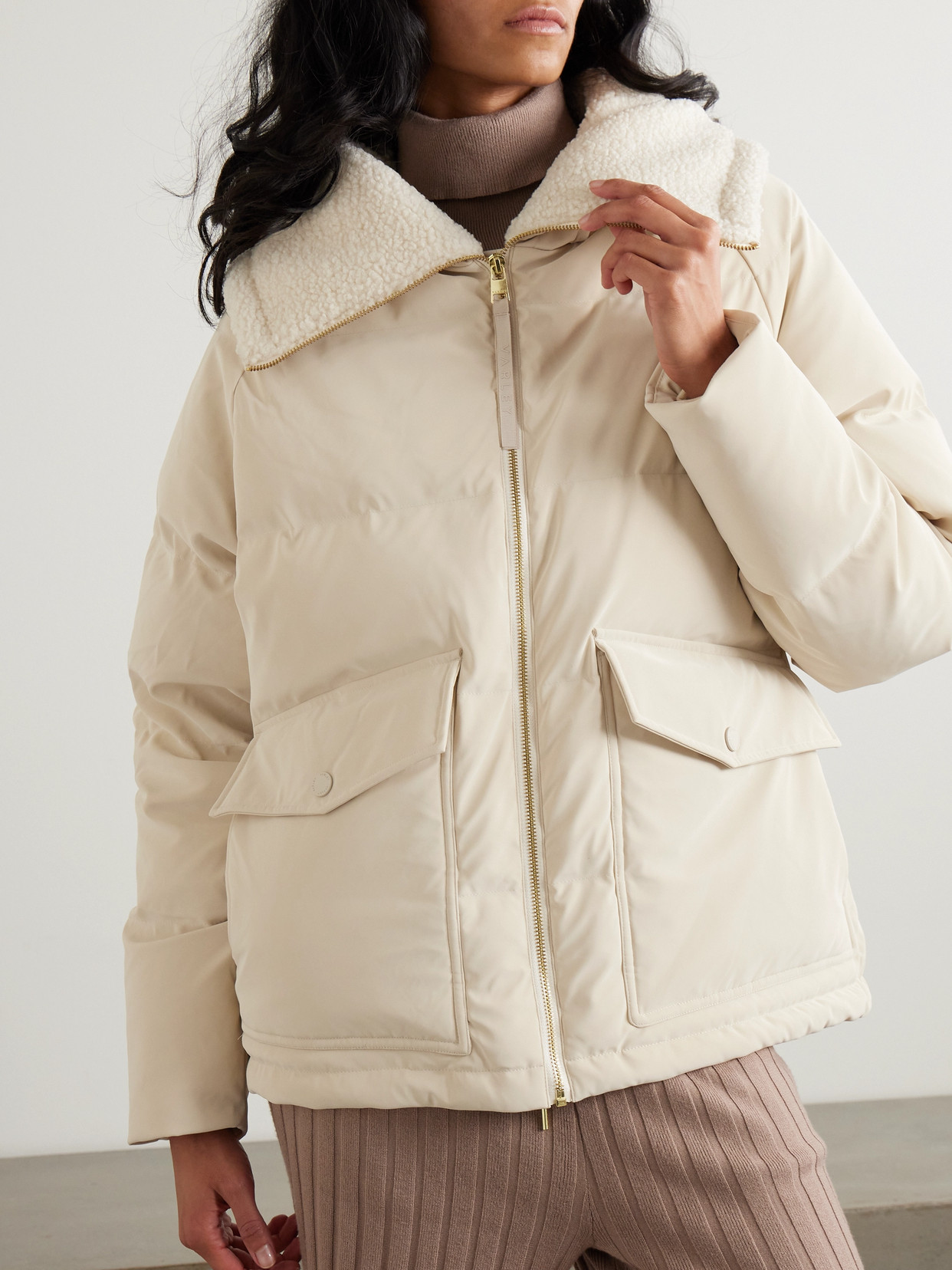 Varley Roseville Faux Shearling-trimmed Faux Nubuck Down Jacket In Cream