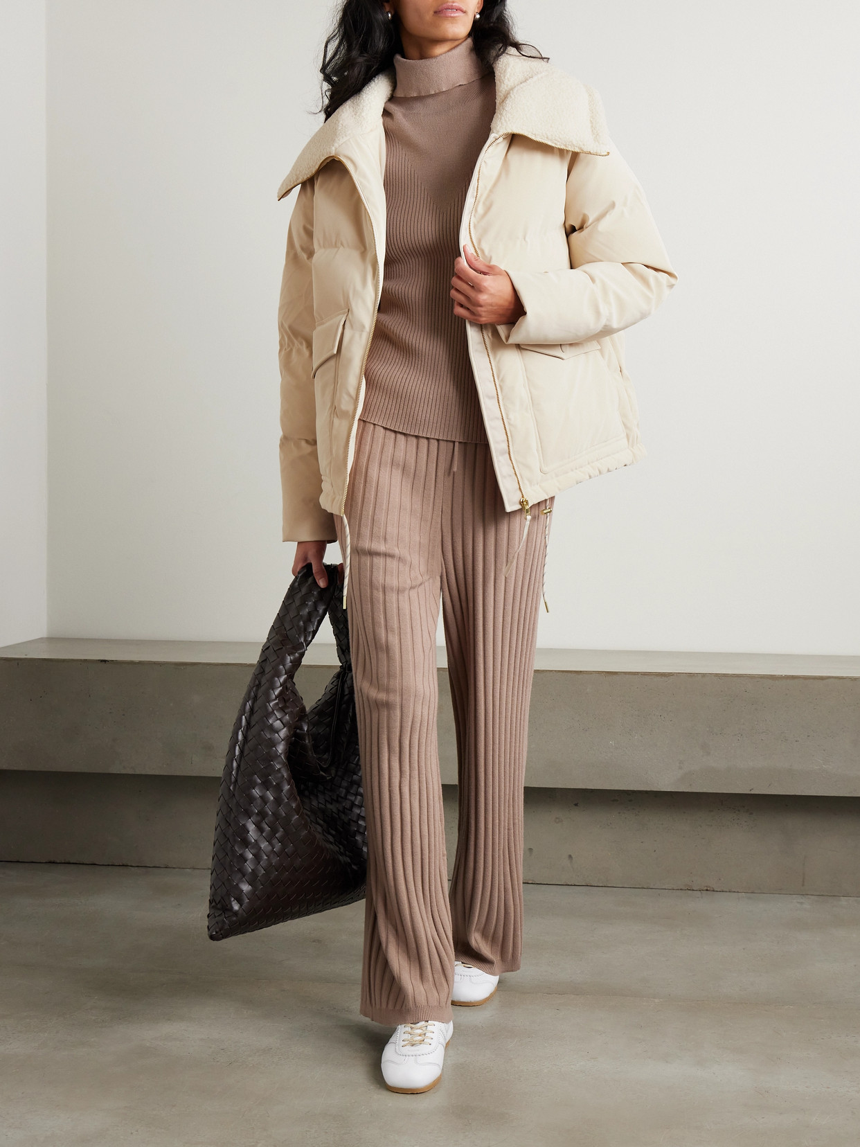 Varley Roseville Faux Shearling-trimmed Faux Nubuck Down Jacket In Cream