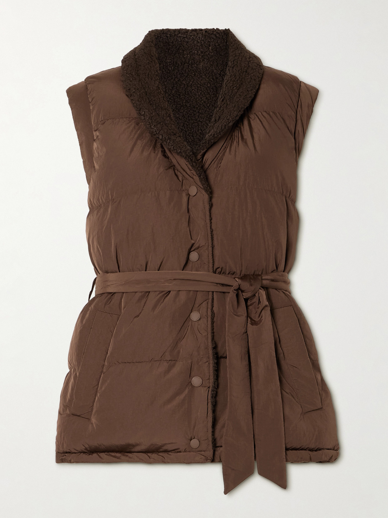 Varley Lanville Belted Reversible Bouclé And Quilted Shell Vest In Brown