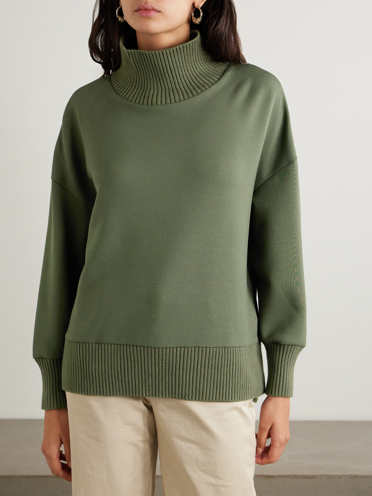 Varley Barker Oversized Zip-detailed Cotton Turtleneck Sweater In Green