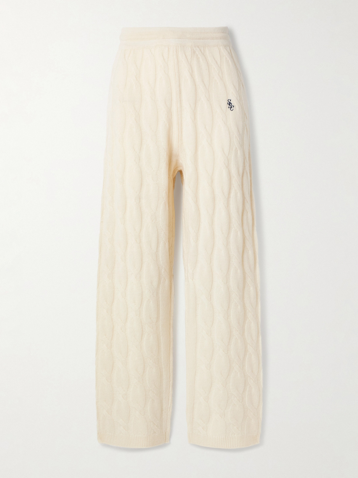 Sporty And Rich Blair Embroidered Cable-knit Cashmere And Wool-blend Track Pants In Cream