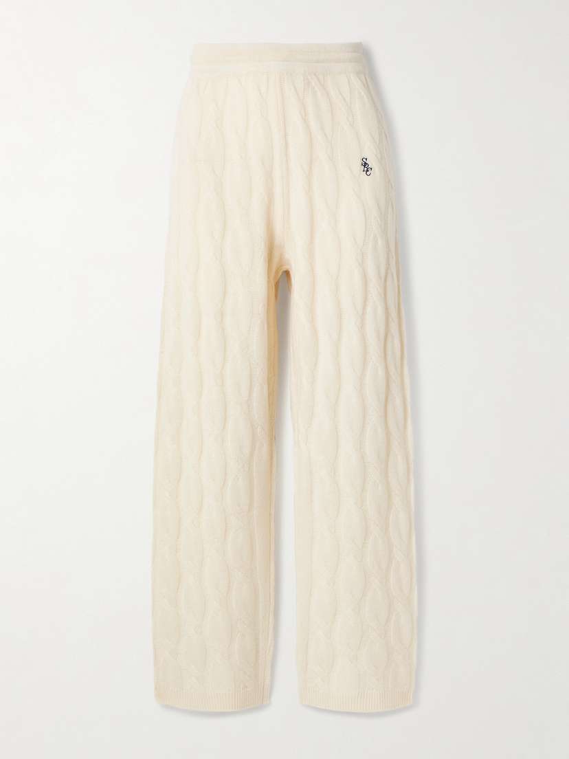 Sporty & Rich Blair Embroidered Cable-knit Cashmere And Wool-blend Track Pants - x small