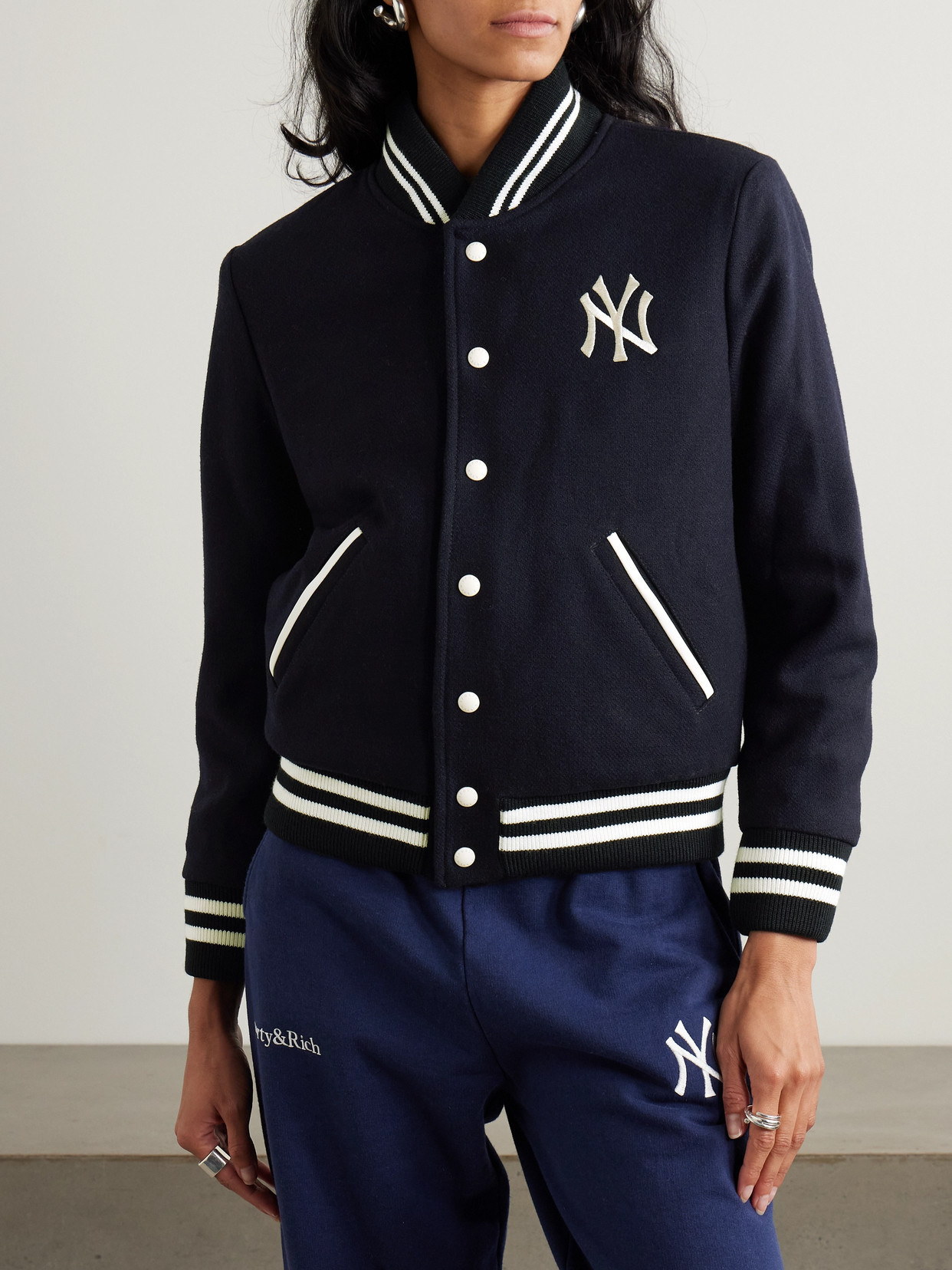 Sporty And Rich + '47 & The New York Yankees Embroidered Striped Wool-blend Varsity Jacket In Blue
