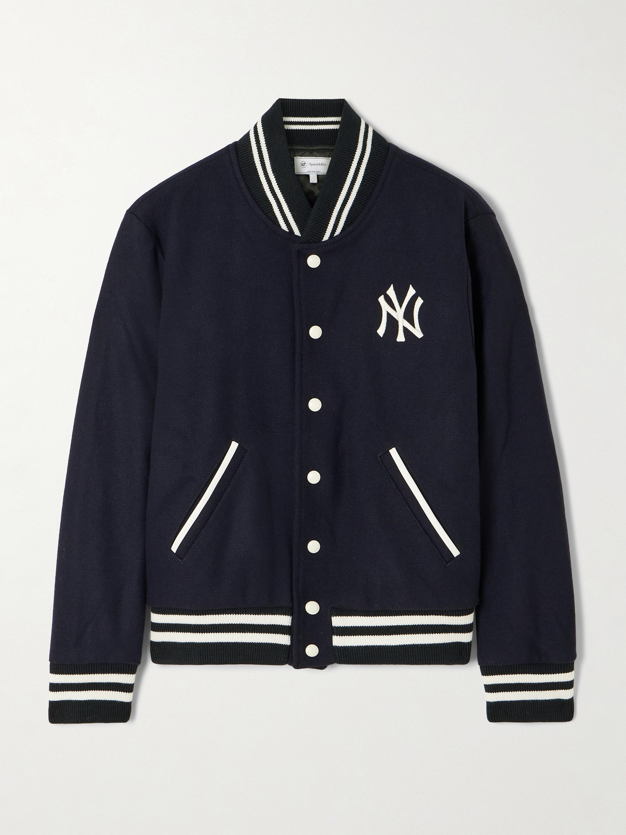 Sporty And Rich + '47 & The New York Yankees Embroidered Striped Wool-blend Varsity Jacket In Blue