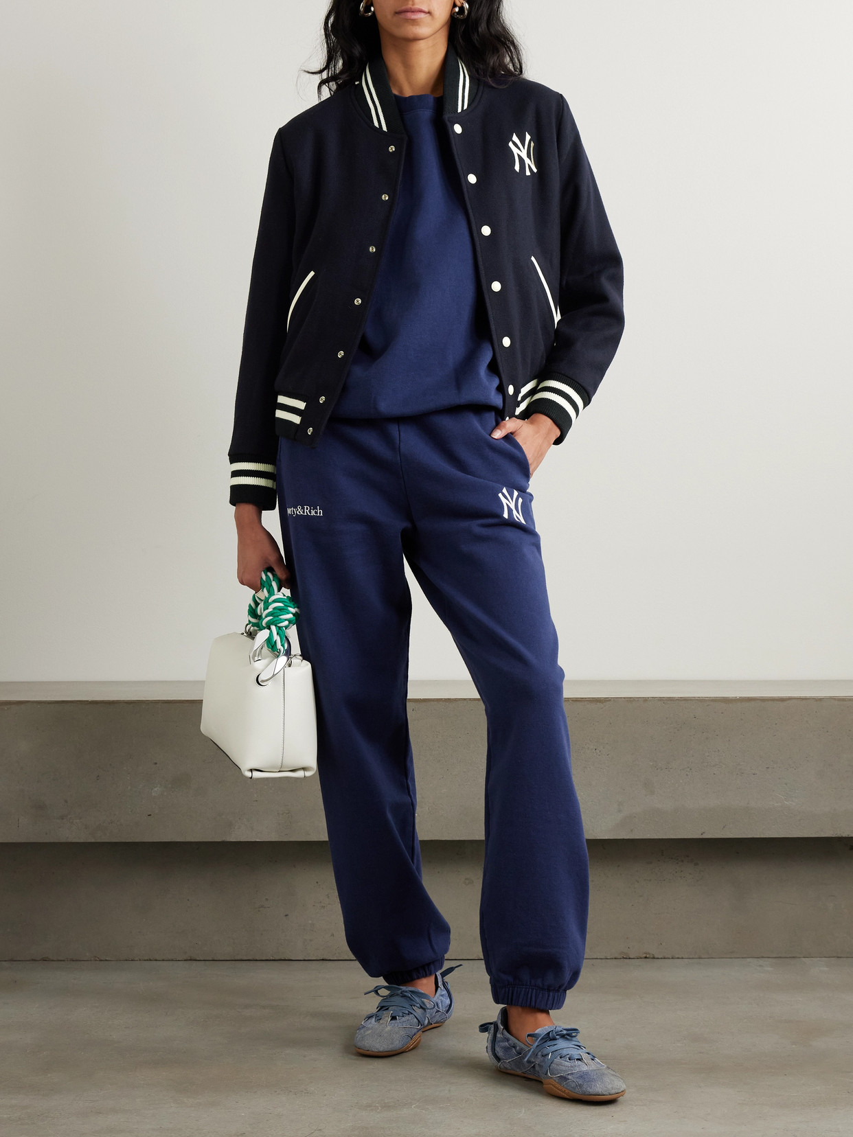 Sporty And Rich + '47 & The New York Yankees Embroidered Striped Wool-blend Varsity Jacket In Blue