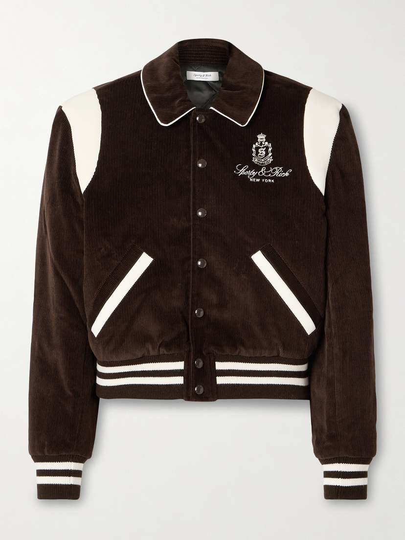 Sporty & Rich Dany Leather-trimmed Padded Embroidered Cotton-corduroy Bomber Jacket