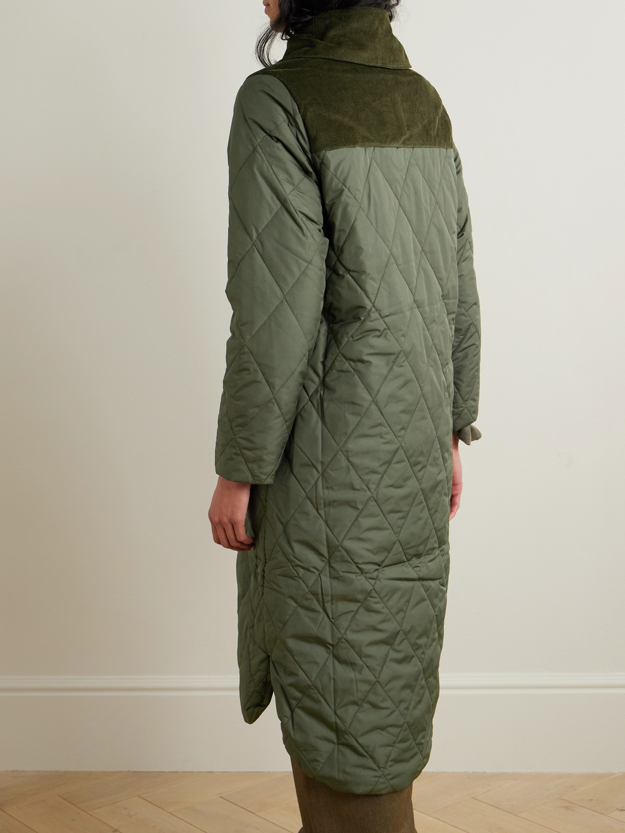 Barbour Malton Corduroy-trimmed Quilted Padded Shell Coat In Green