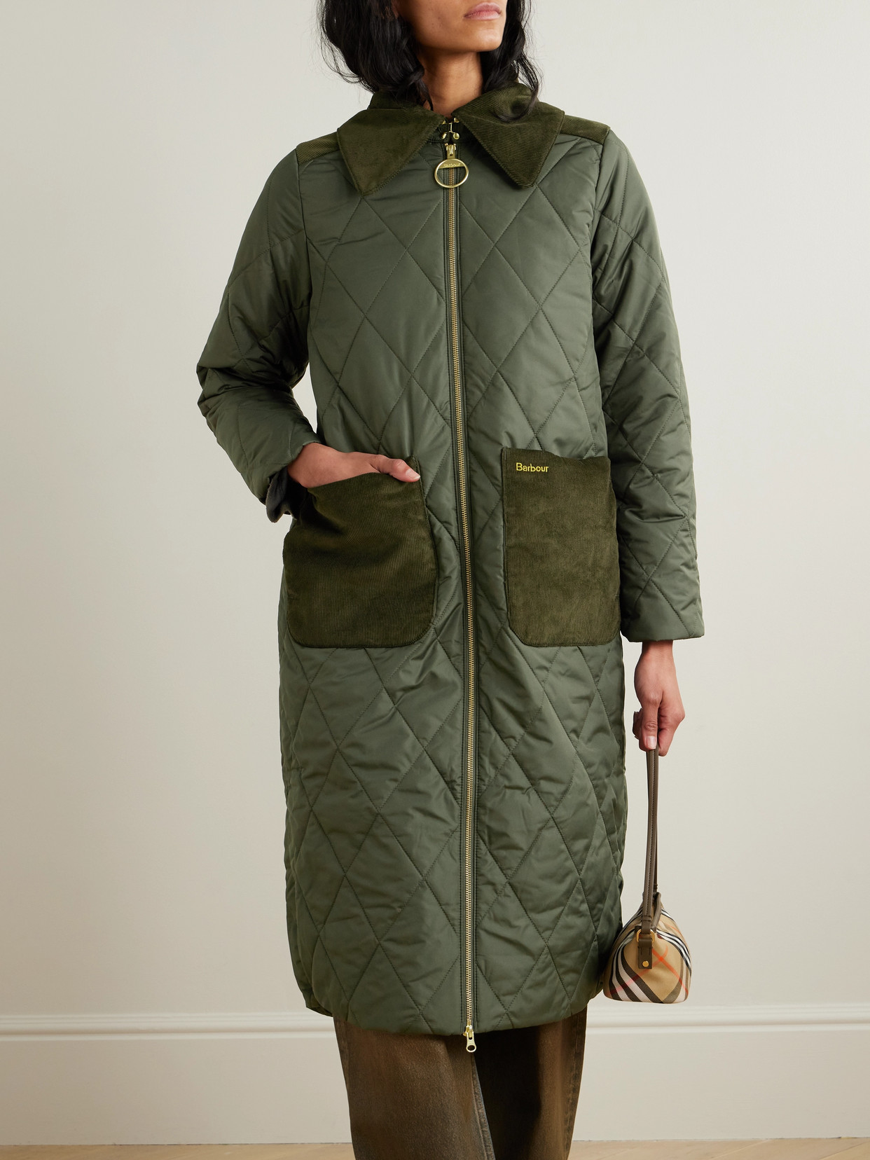 Barbour Malton Corduroy-trimmed Quilted Padded Shell Coat In Green