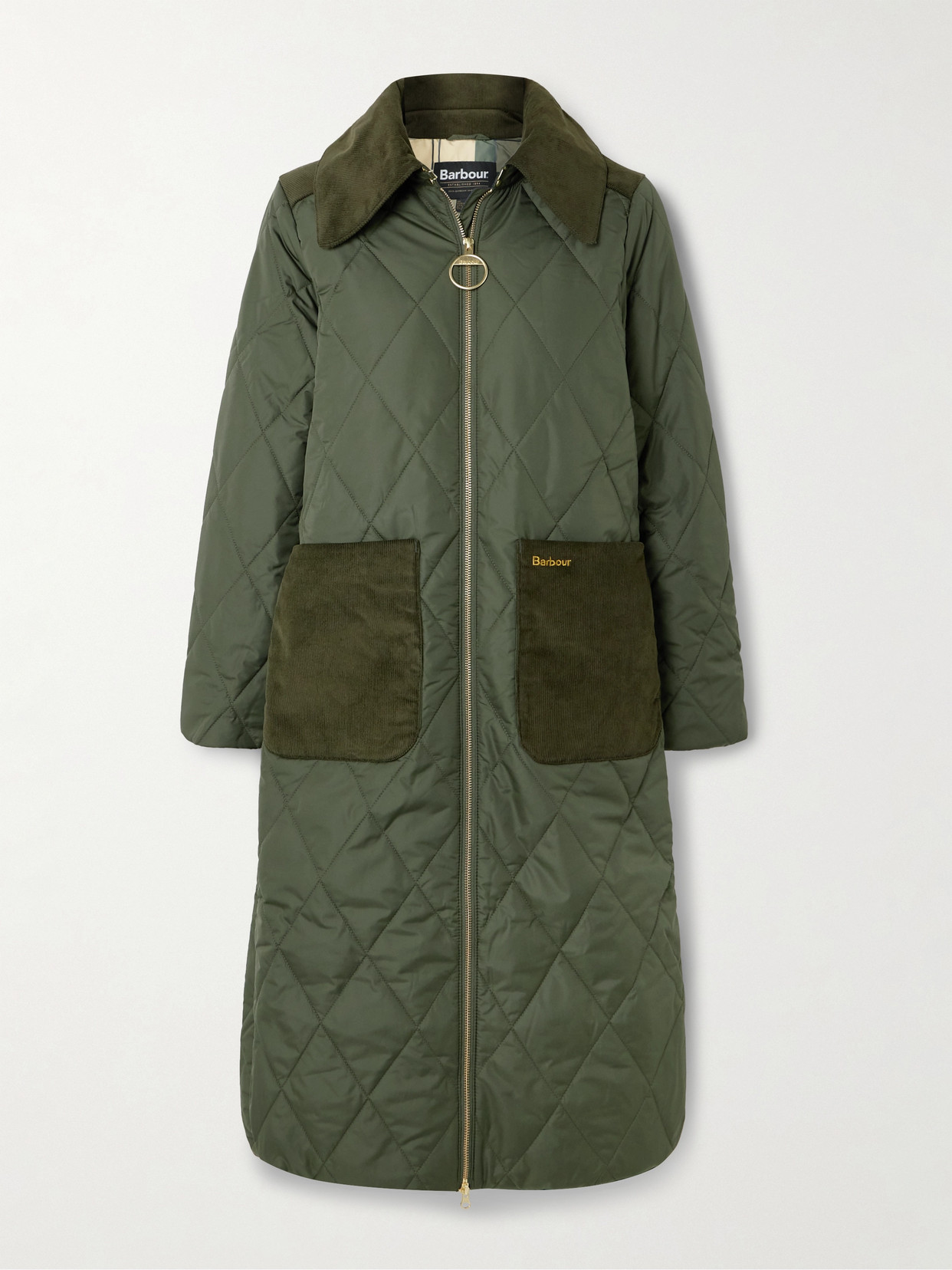 Barbour Malton Corduroy-trimmed Quilted Padded Shell Coat In Green