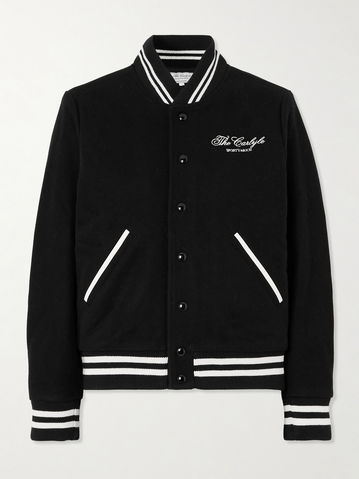 Sporty And Rich + The Carlyle Embroidered Striped Wool-blend Felt Varsity Jacket In Black