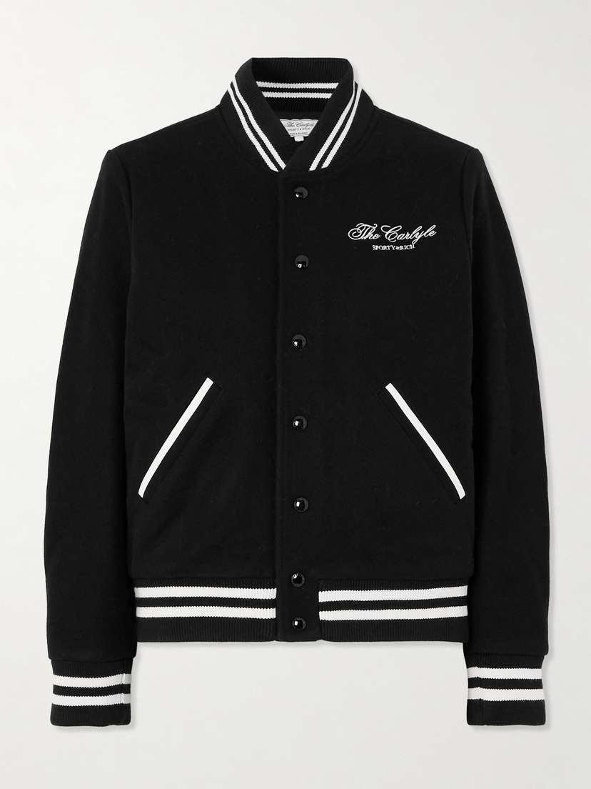Sporty & Rich + The Carlyle Embroidered Striped Wool-blend Felt Varsity Jacket