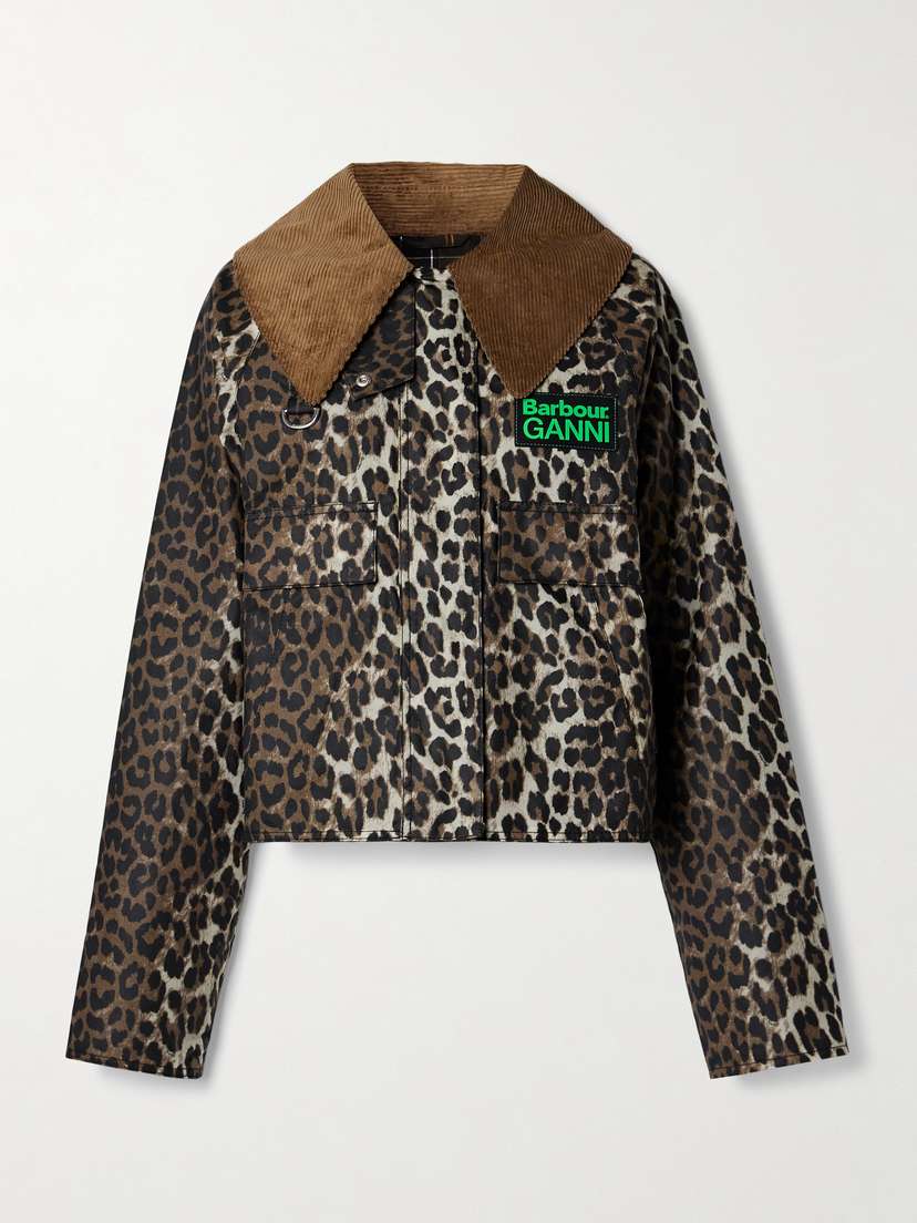 Barbour + Ganni Cotton Corduroy-trimmed Leopard-print Waxed-organic Cotton Jacket - UK 16