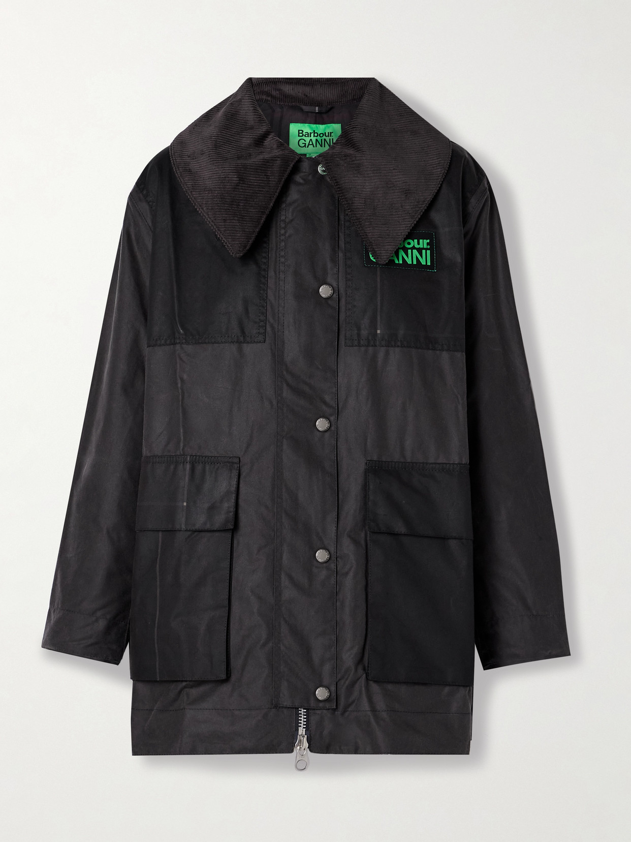 Barbour - + Ganni Corduroy-trimmed Paneled Checked Waxed-organic Cotton Jacket - Gray