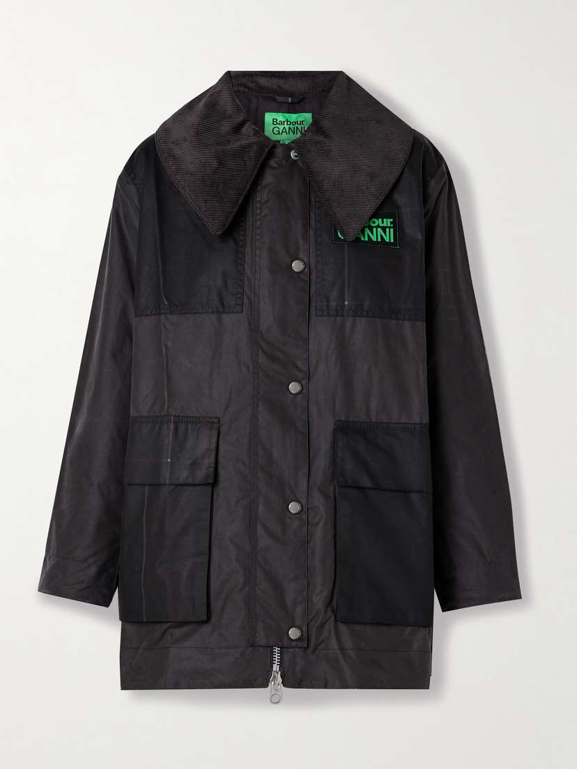Barbour + Ganni Corduroy-trimmed Paneled Checked Waxed-organic Cotton Jacket