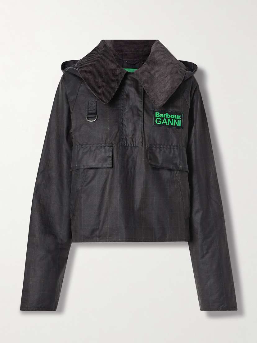 Barbour + Ganni Corduroy-trimmed Checked Waxed-organic Cotton Jacket