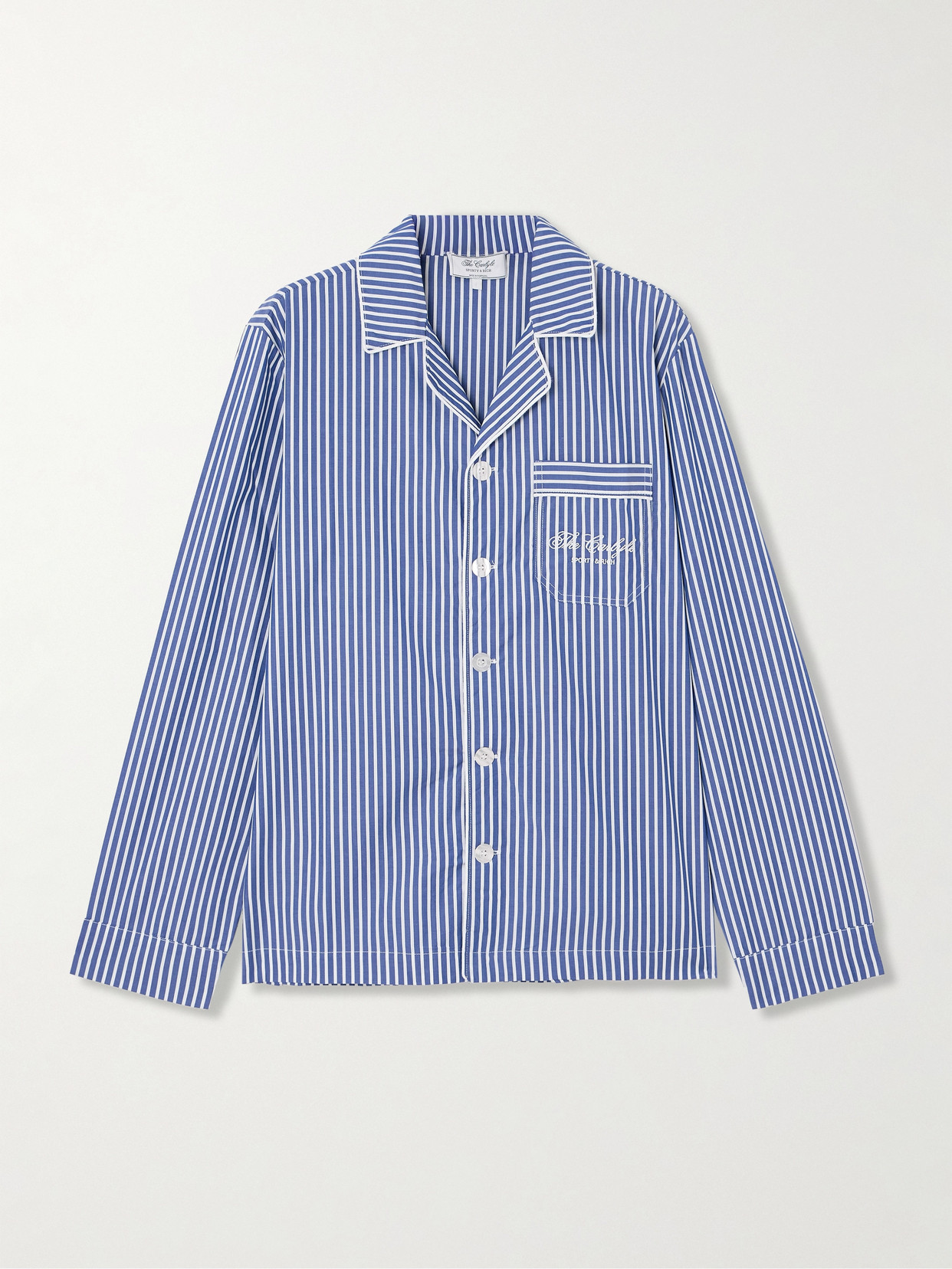 Sporty And Rich + The Carlyle Embroidered Striped Cotton-poplin Shirt In Blue