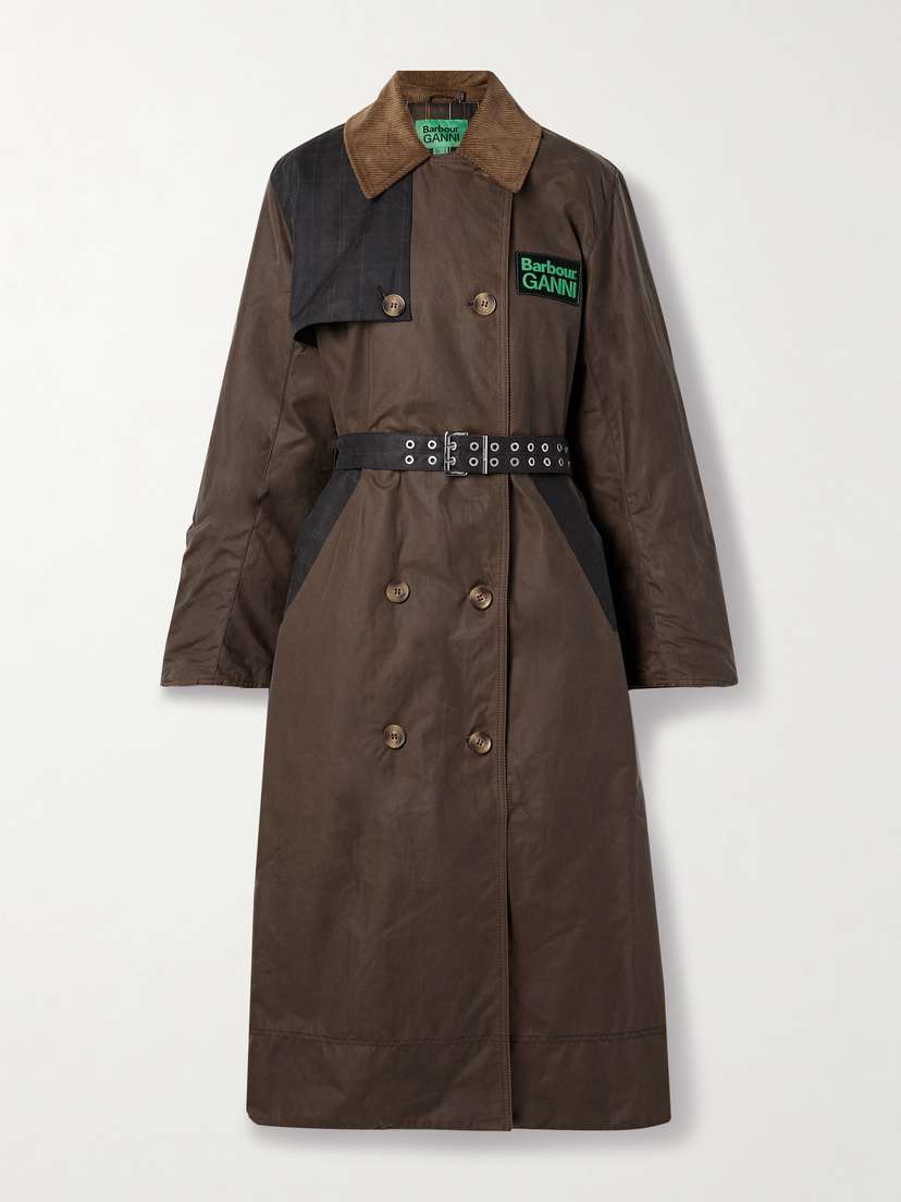 Barbour + Ganni Belted Corduroy-trimmed Paneled Checked Waxed-organic Cotton Trench Coat