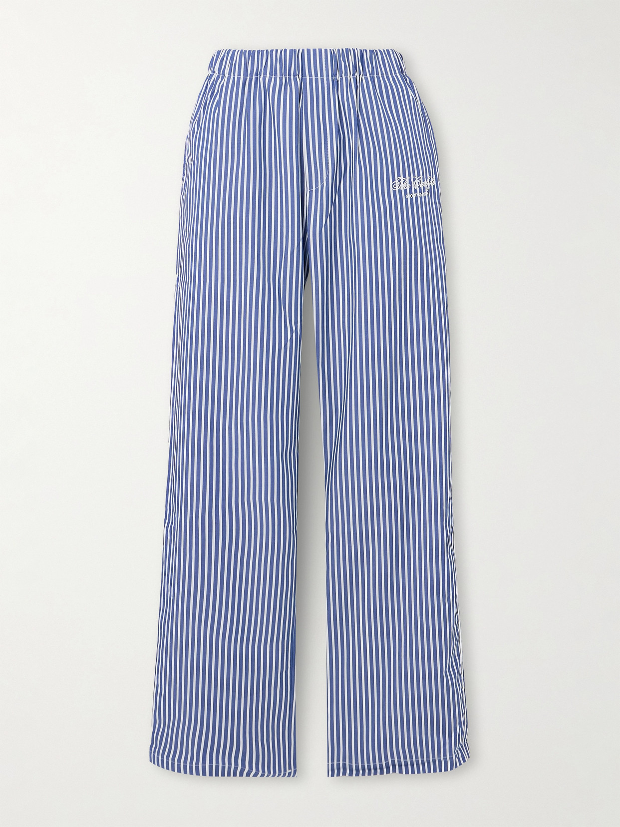 Sporty And Rich + The Carlyle Embroidered Striped Cotton-poplin Pajama Pants In Blue