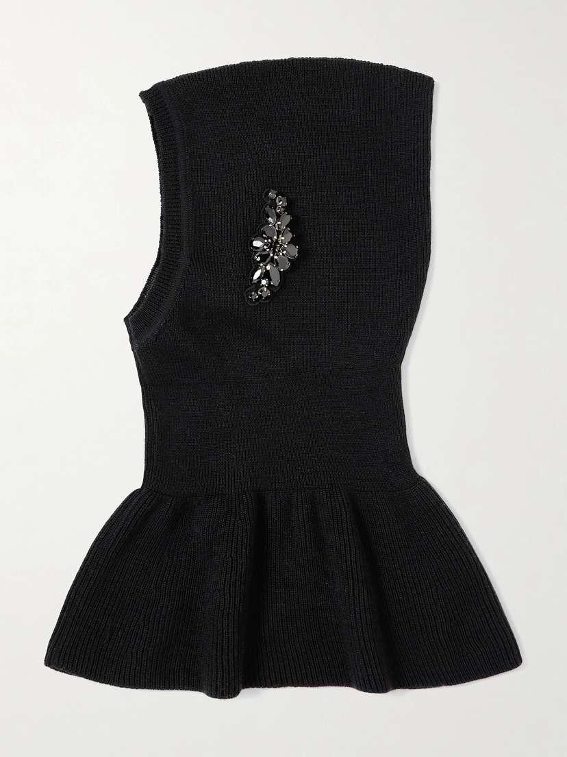 Simone Rocha Crystal-embellished Ribbed Merino Wool And Silk-blend Balaclava