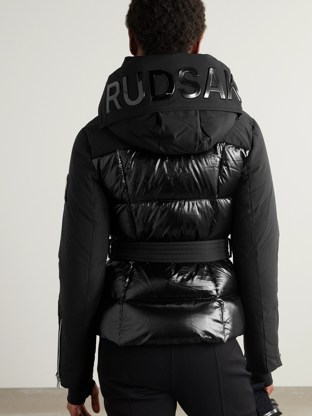Caira Belted Padded Quilted Recycled-Stormshell Hooded Down Ski Jacket