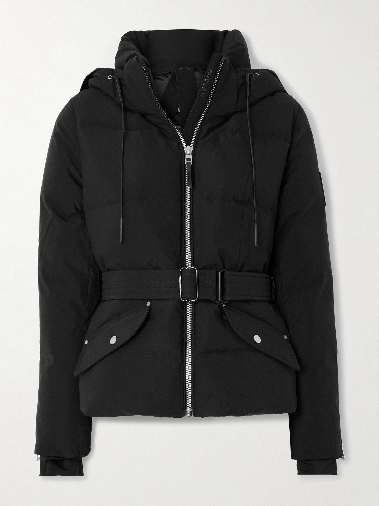 Rudsak Caira Belted Padded Quilted Recycled-stormshell Hooded Down Ski Jacket In Black