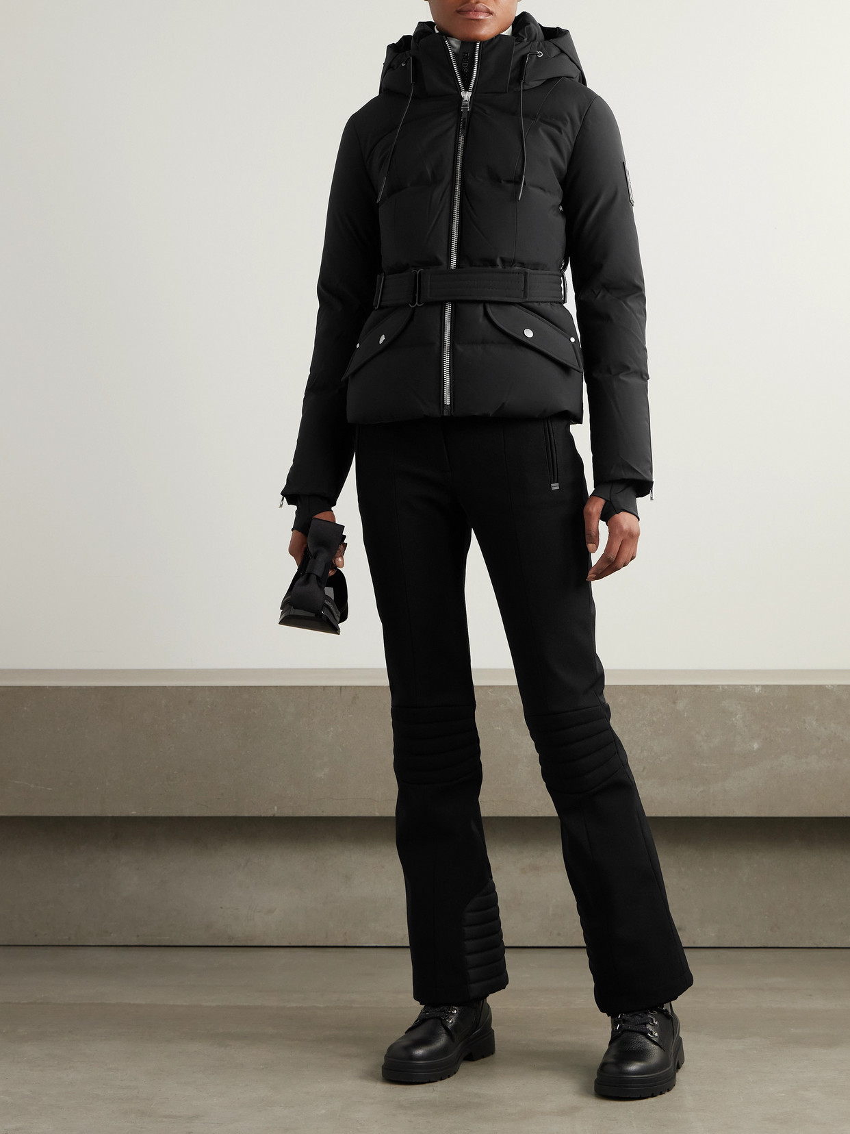 Caira Belted Padded Quilted Recycled-Stormshell Hooded Down Ski Jacket