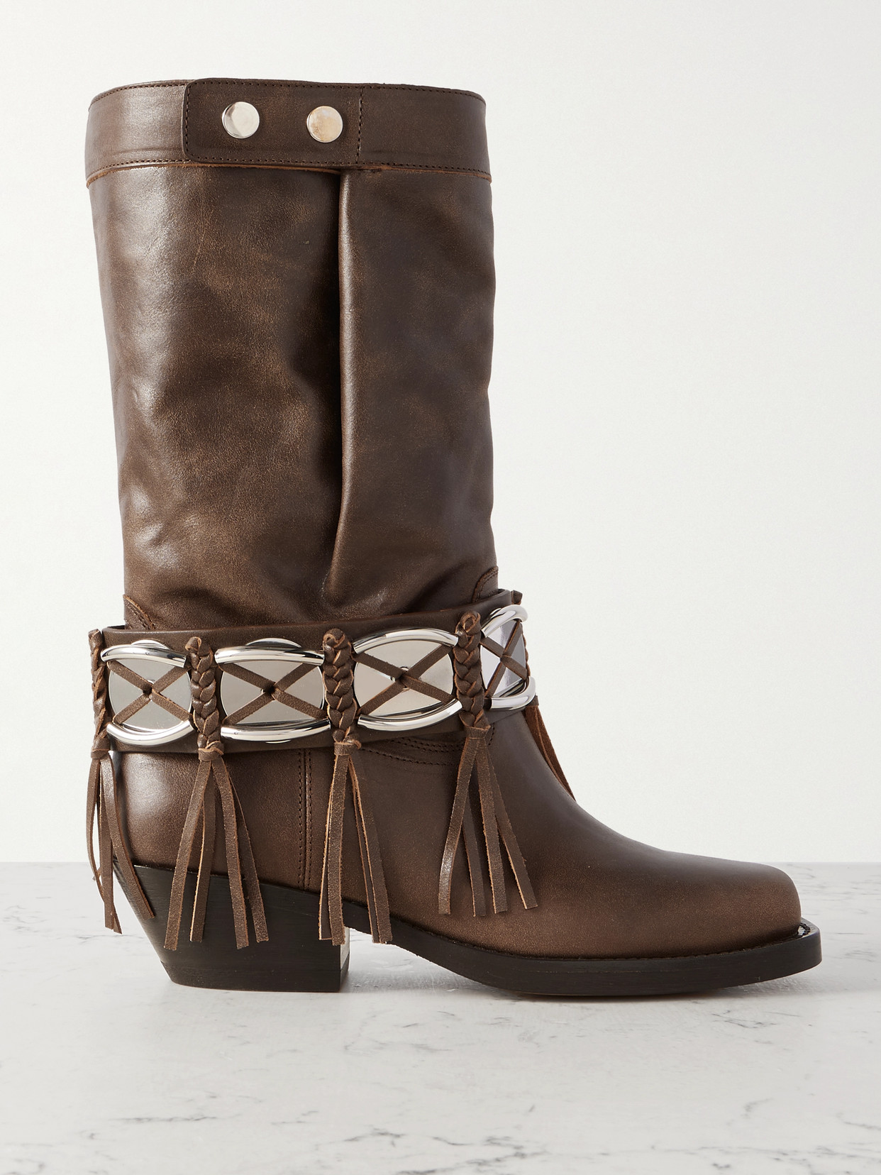 Isabel Marant Ademe Embellished Fringed Leather Ankle Boots In Brown